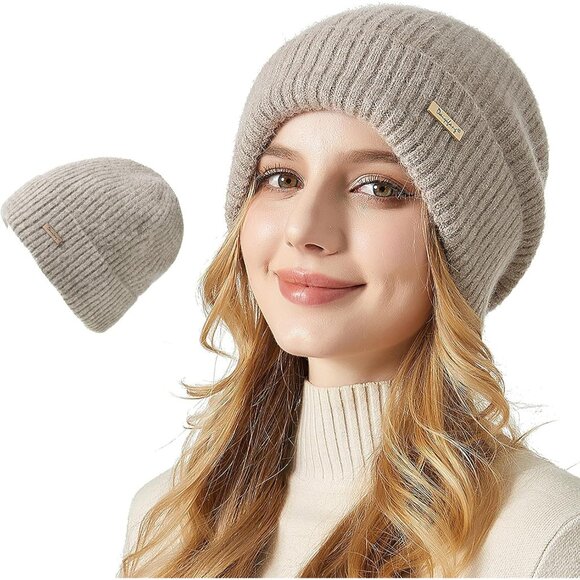 Womens Warm Knit Beanie Hat Cotton Lined Slouchy Winter Fall Thick Skull Cap - Picture 1 of 7